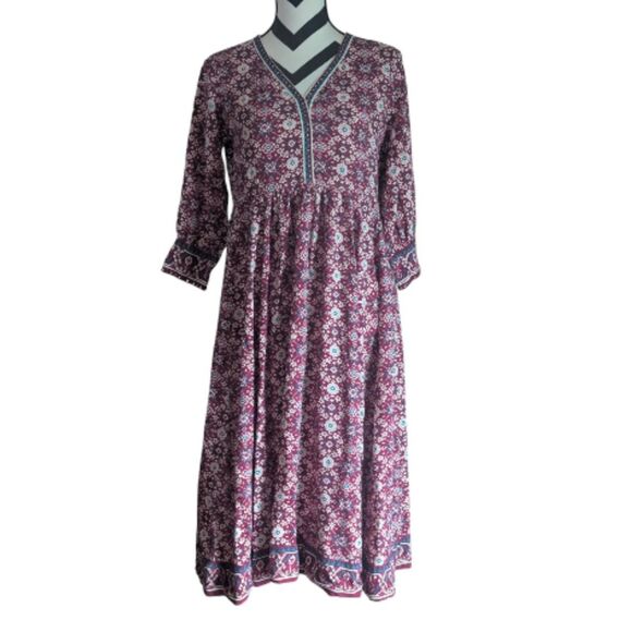 Fusion Boho Tribal Geometric Print Midi Dress M V-Neck 3/4 Sleeve - Picture 1 of 6